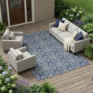 8 X 10 Navy Silver Oriental Polyester Rug Stain Resistant Indoor Outdoor Use