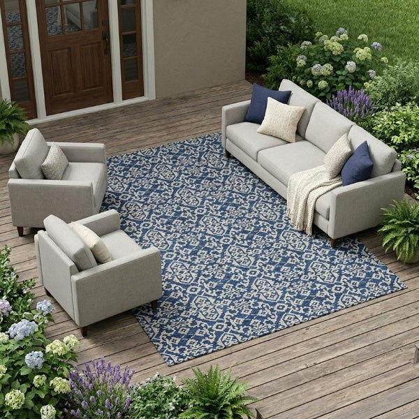 8 X 10 Navy Silver Oriental Polyester Rug Stain Resistant Indoor Outdoor Use