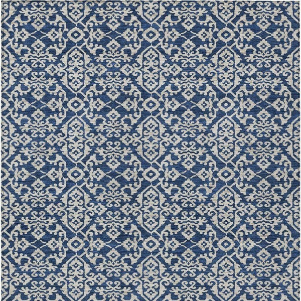 8 X 10 Navy Silver Oriental Polyester Rug Stain Resistant Indoor Outdoor Use