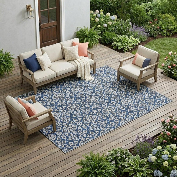 10 X 14 Navy Silver Oriental Polyester Area Rug Stain Resistant Indoor Outdoor