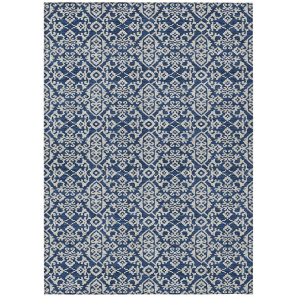 HomeRoots 10 X 14 Navy Silver Oriental Polyester Area Rug Stain Resistant Indoor Outdoor 737734