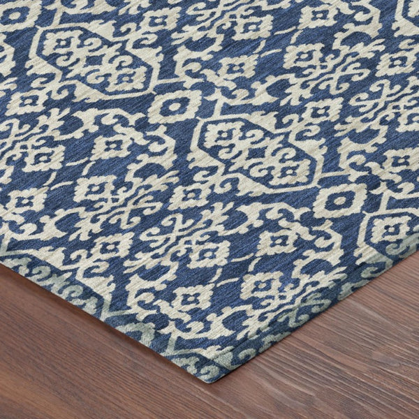 10 X 14 Navy Silver Oriental Polyester Area Rug Stain Resistant Indoor Outdoor
