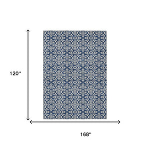 10 X 14 Navy Silver Oriental Polyester Area Rug Stain Resistant Indoor Outdoor