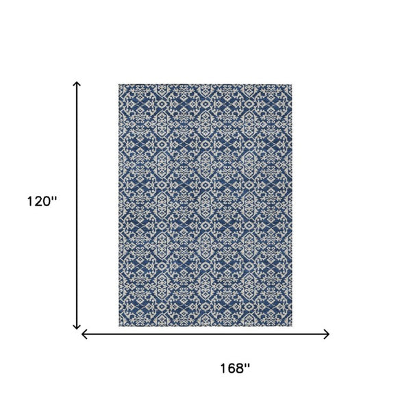 10 X 14 Navy Silver Oriental Polyester Area Rug Stain Resistant Indoor Outdoor
