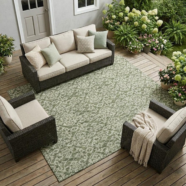 8x10 Oriental Polyester Area Rug Stain Resistant Indoor Outdoor Olive Brown Patio