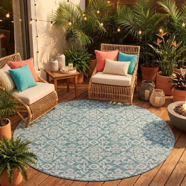 8 Ft Round Oriental Polyester Area Rug Teal Brown Stain Resistant Indoor Outdoor Use