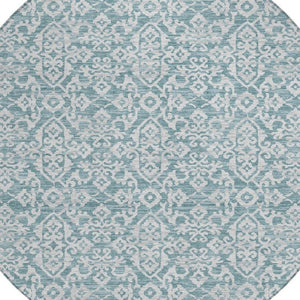 8 Ft Round Oriental Polyester Area Rug Teal Brown Stain Resistant Indoor Outdoor Use