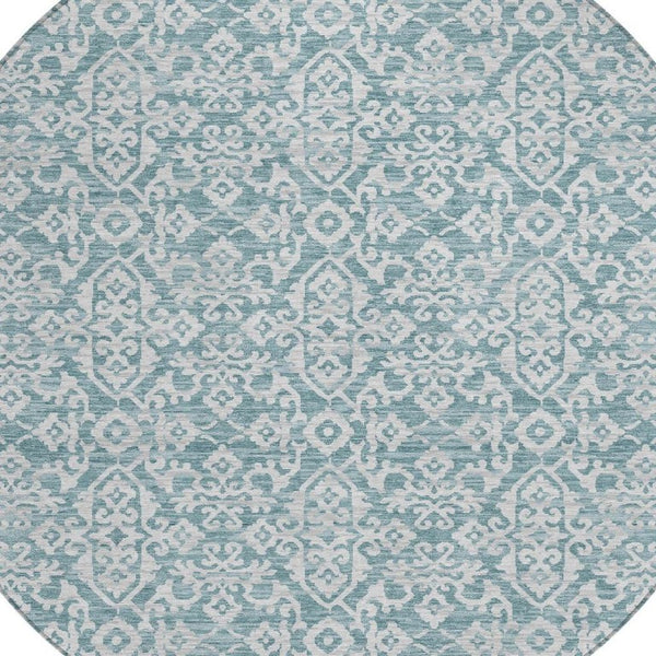 8 Ft Round Oriental Polyester Area Rug Teal Brown Stain Resistant Indoor Outdoor Use