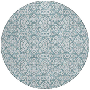 8 Ft Round Oriental Polyester Area Rug Teal Brown Stain Resistant Indoor Outdoor Use