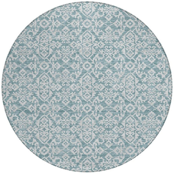 8 Ft Round Oriental Polyester Area Rug Teal Brown Stain Resistant Indoor Outdoor Use