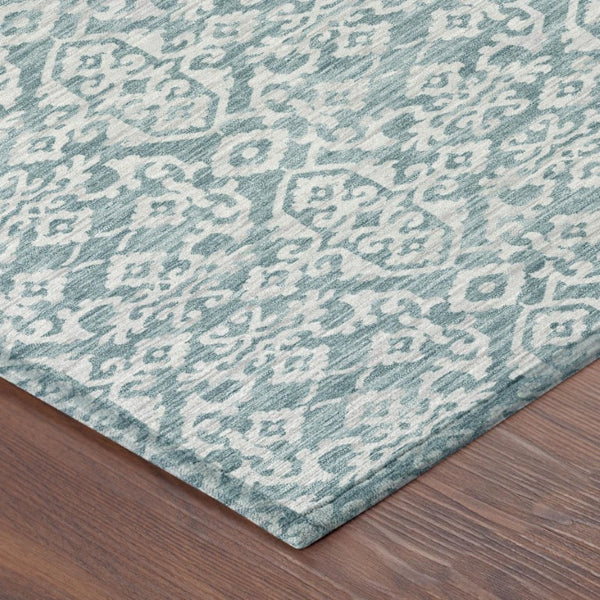 8 Ft Round Oriental Polyester Area Rug Teal Brown Stain Resistant Indoor Outdoor Use
