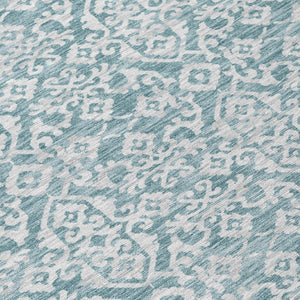8 Ft Round Oriental Polyester Area Rug Teal Brown Stain Resistant Indoor Outdoor Use