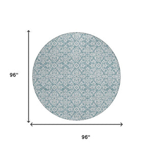 8 Ft Round Oriental Polyester Area Rug Teal Brown Stain Resistant Indoor Outdoor Use