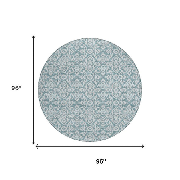 8 Ft Round Oriental Polyester Area Rug Teal Brown Stain Resistant Indoor Outdoor Use