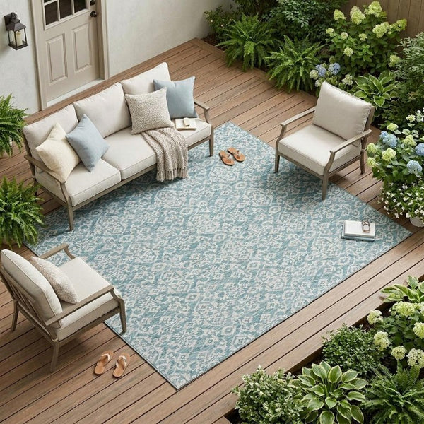 8 X 10 Teal Brown Oriental Polyester Area Rug Washable Stain Resistant Indoor Outdoor