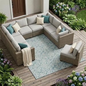 9x12 Teal Brown Oriental Polyester Area Rug Stain Resistant Indoor Outdoor Patio
