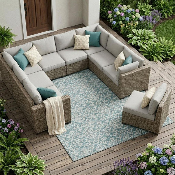9x12 Teal Brown Oriental Polyester Area Rug Stain Resistant Indoor Outdoor Patio