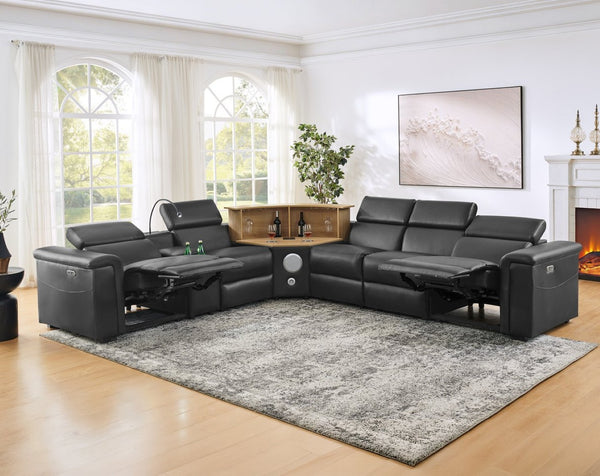 English Elm 5-seater Air Leather Power Reclining Sectional with Led Bluetooth Subwoofer and Lift Cabinet Black W1191S00121