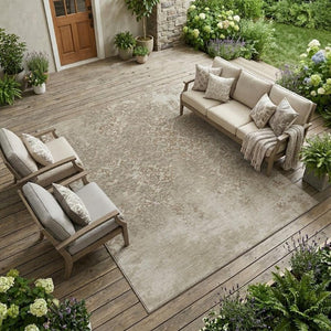 10 X 14 Beige Gray Oriental Polyester Area Rug Washable for Indoor Outdoor Use