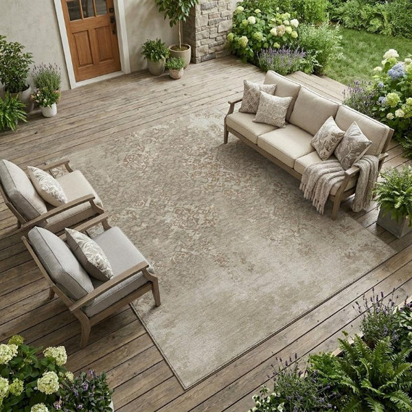 10 X 14 Beige Gray Oriental Polyester Area Rug Washable for Indoor Outdoor Use