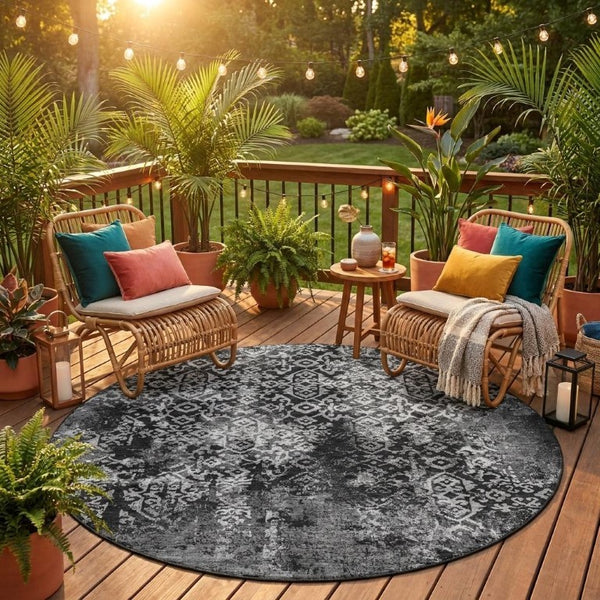 8 Ft Round Oriental Geometric Polyester Area Rug for Indoor Outdoor High Traffic Use