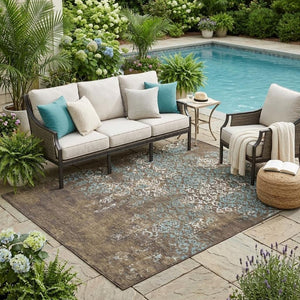 5x8 Oriental Polyester Area Rug Brown Khaki Stain Resistant Indoor Outdoor Patio