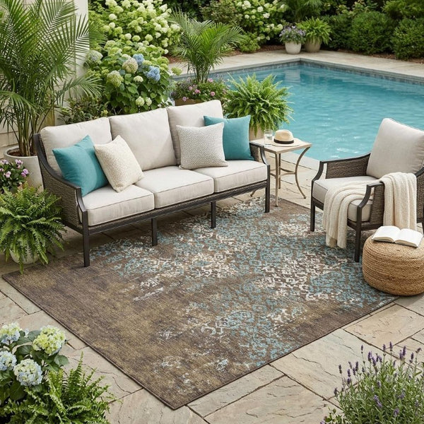5x8 Oriental Polyester Area Rug Brown Khaki Stain Resistant Indoor Outdoor Patio