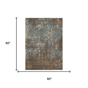 5x8 Oriental Polyester Area Rug Brown Khaki Stain Resistant Indoor Outdoor Patio