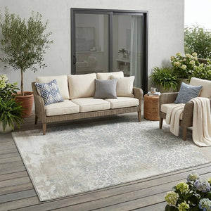 5 X 8 Ivory Blue Oriental Polyester Area Rug Washable Stain Resistant Indoor Outdoor