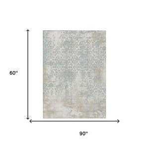 5 X 8 Ivory Blue Oriental Polyester Area Rug Washable Stain Resistant Indoor Outdoor