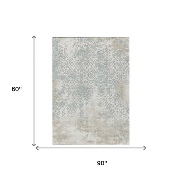 5 X 8 Ivory Blue Oriental Polyester Area Rug Washable Stain Resistant Indoor Outdoor
