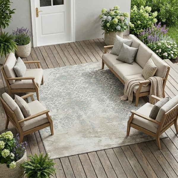 9x12 Ivory Blue Oriental Polyester Area Rug Washable for Indoor Outdoor Use