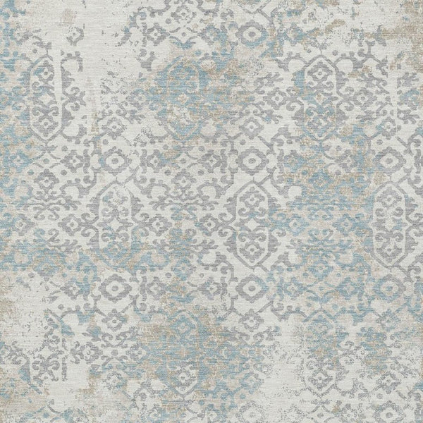 9x12 Ivory Blue Oriental Polyester Area Rug Washable for Indoor Outdoor Use