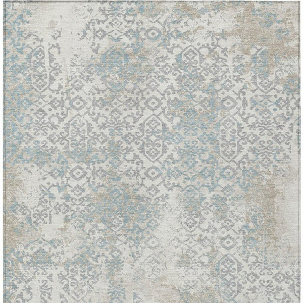 9x12 Ivory Blue Oriental Polyester Area Rug Washable for Indoor Outdoor Use