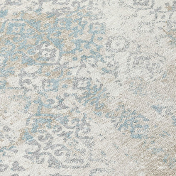 9x12 Ivory Blue Oriental Polyester Area Rug Washable for Indoor Outdoor Use