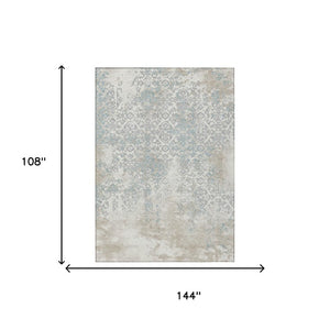 9x12 Ivory Blue Oriental Polyester Area Rug Washable for Indoor Outdoor Use