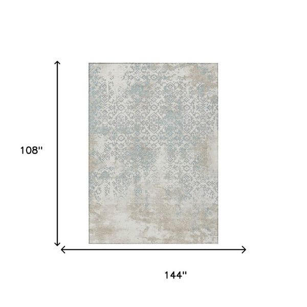 9x12 Ivory Blue Oriental Polyester Area Rug Washable for Indoor Outdoor Use