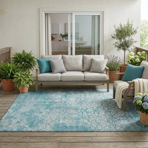 5x8 Teal Brown Oriental Polyester Area Rug Stain Resistant for Patio or Living Room