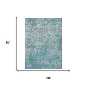 5x8 Teal Brown Oriental Polyester Area Rug Stain Resistant for Patio or Living Room
