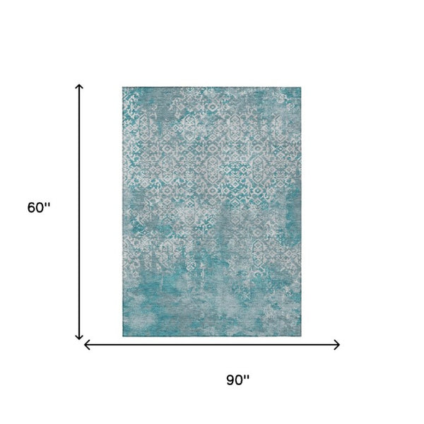 5x8 Teal Brown Oriental Polyester Area Rug Stain Resistant for Patio or Living Room