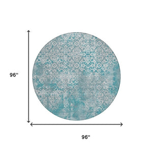 8 Ft Round Oriental Polyester Area Rug Washable Teal Brown Geometric Indoor Outdoor