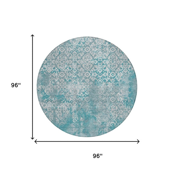 8 Ft Round Oriental Polyester Area Rug Washable Teal Brown Geometric Indoor Outdoor