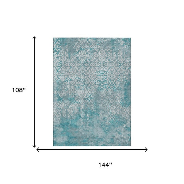 9x12 Teal Brown Oriental Polyester Area Rug Washable Stain Resistant Indoor Outdoor