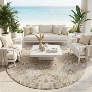 8 Foot Round Medallion Indoor Outdoor Rug Stain Resistant Polyester Patio Accent