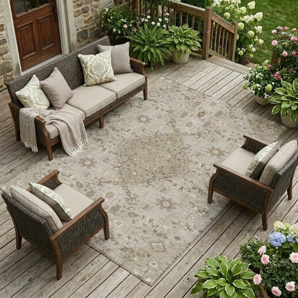 9x12 Medallion Indoor Outdoor Rug Washable Polyester Stain Resistant Beige Graphite
