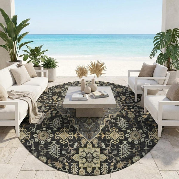 8 Ft Round Medallion Polyester Area Rug Stain Resistant for Patio or Family Room