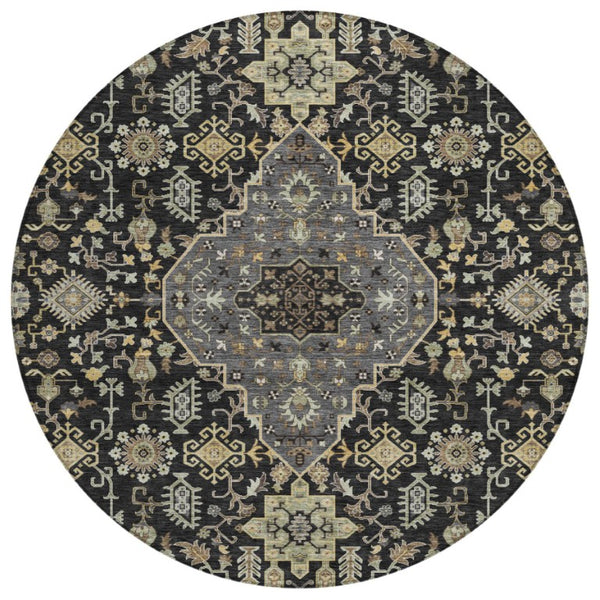 HomeRoots 8 Ft Round Medallion Polyester Area Rug Stain Resistant for Patio or Family Room 737797