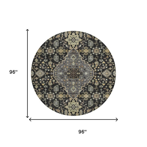 8 Ft Round Medallion Polyester Area Rug Stain Resistant for Patio or Family Room