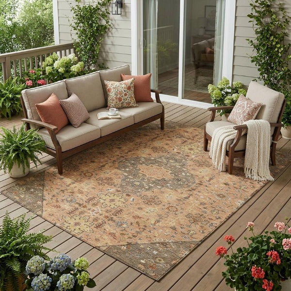 5 X 8 Copper Blue Medallion Polyester Area Rug Washable for Patio or Living Room