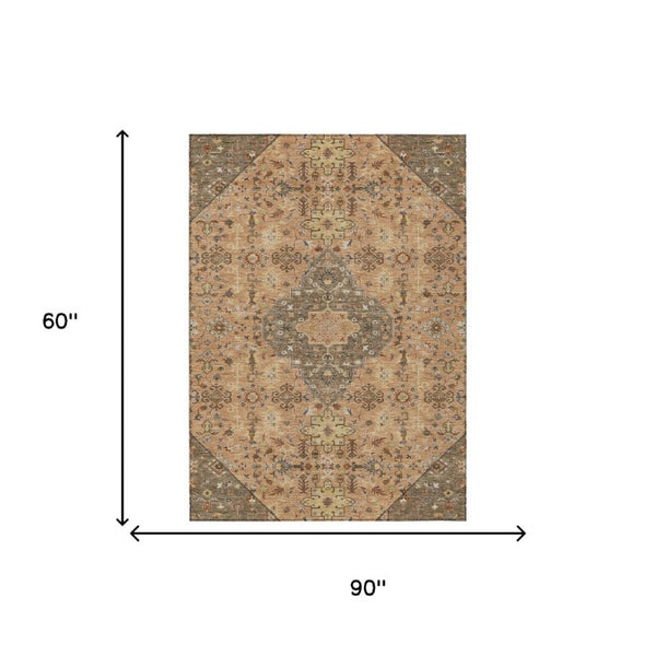 5 X 8 Copper Blue Medallion Polyester Area Rug Washable for Patio or Living Room